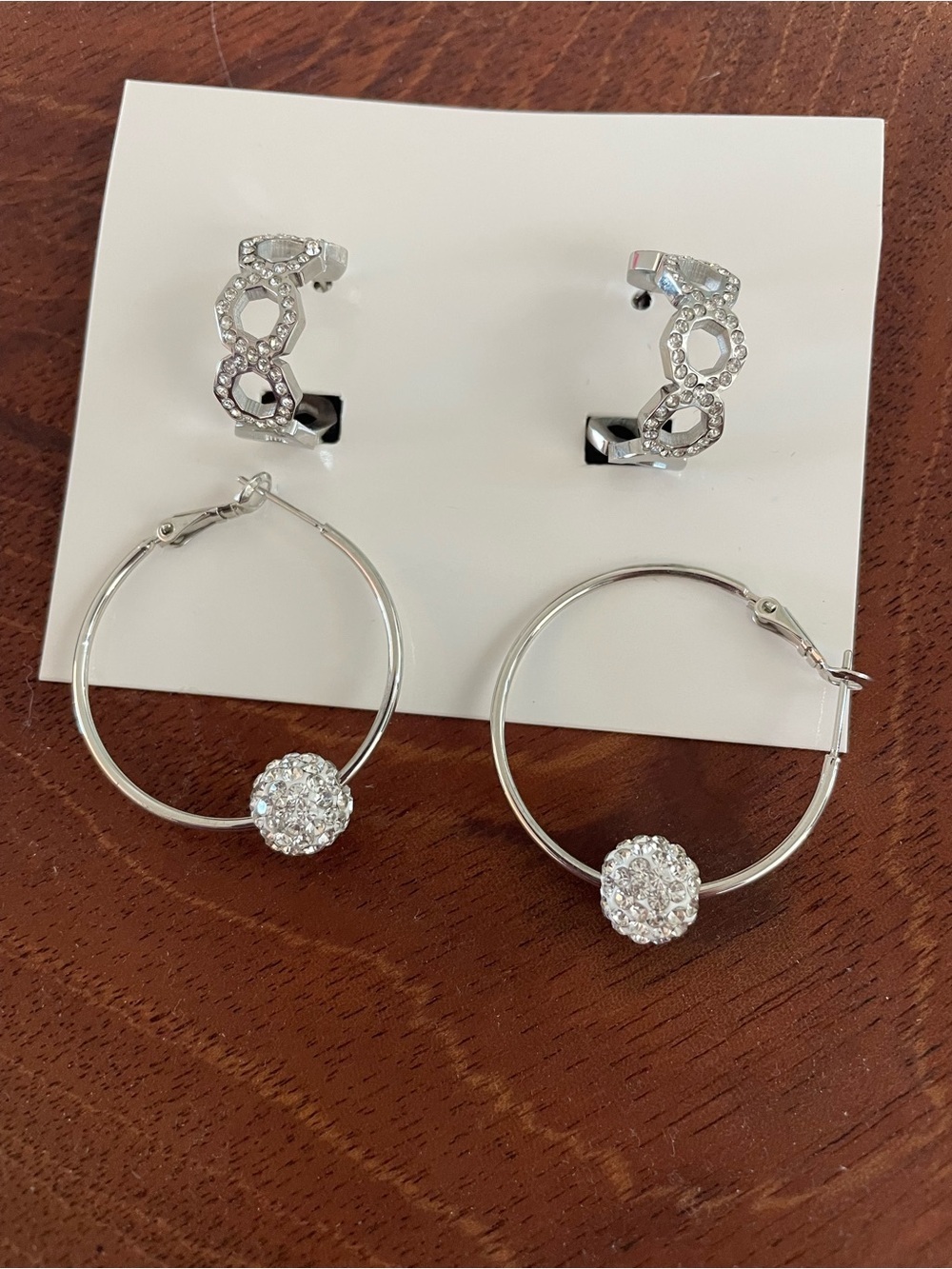 Set of 2 Silver Crystal Link Hoop Earrings - Women Jewelry